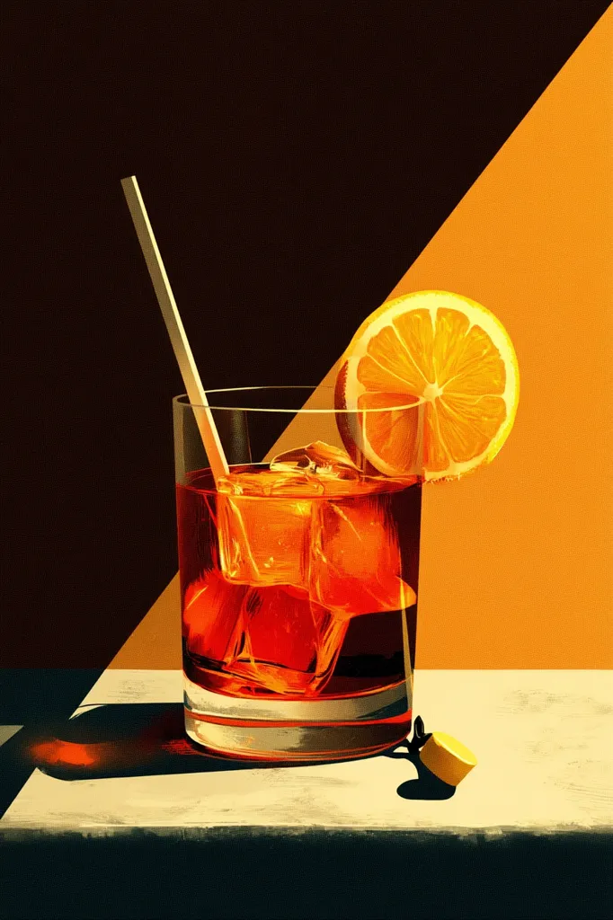 A rocks glass filled with an amber-colored cocktail, ice cubes, and a lemon wedge rests on a light beige surface. A white straw protrudes from the drink.  The background is a dramatic split of dark brown and vibrant orange, creating a strong contrast.  A small, light-colored object sits near the base of the glass, possibly a bottle stopper. The overall style is stylized and painterly.