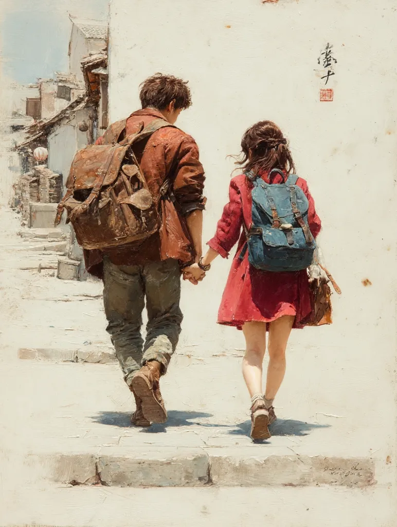 A painting depicts a young couple walking hand-in-hand away from the viewer.  The man wears a reddish-brown jacket and carries a large, worn leather backpack. The woman in a red dress carries a smaller, blue backpack.  They stroll down a sunlit path in a quaint, aged town, suggesting a journey or adventure together.  The style is impressionistic, with visible brushstrokes capturing the scene's warmth and atmosphere.