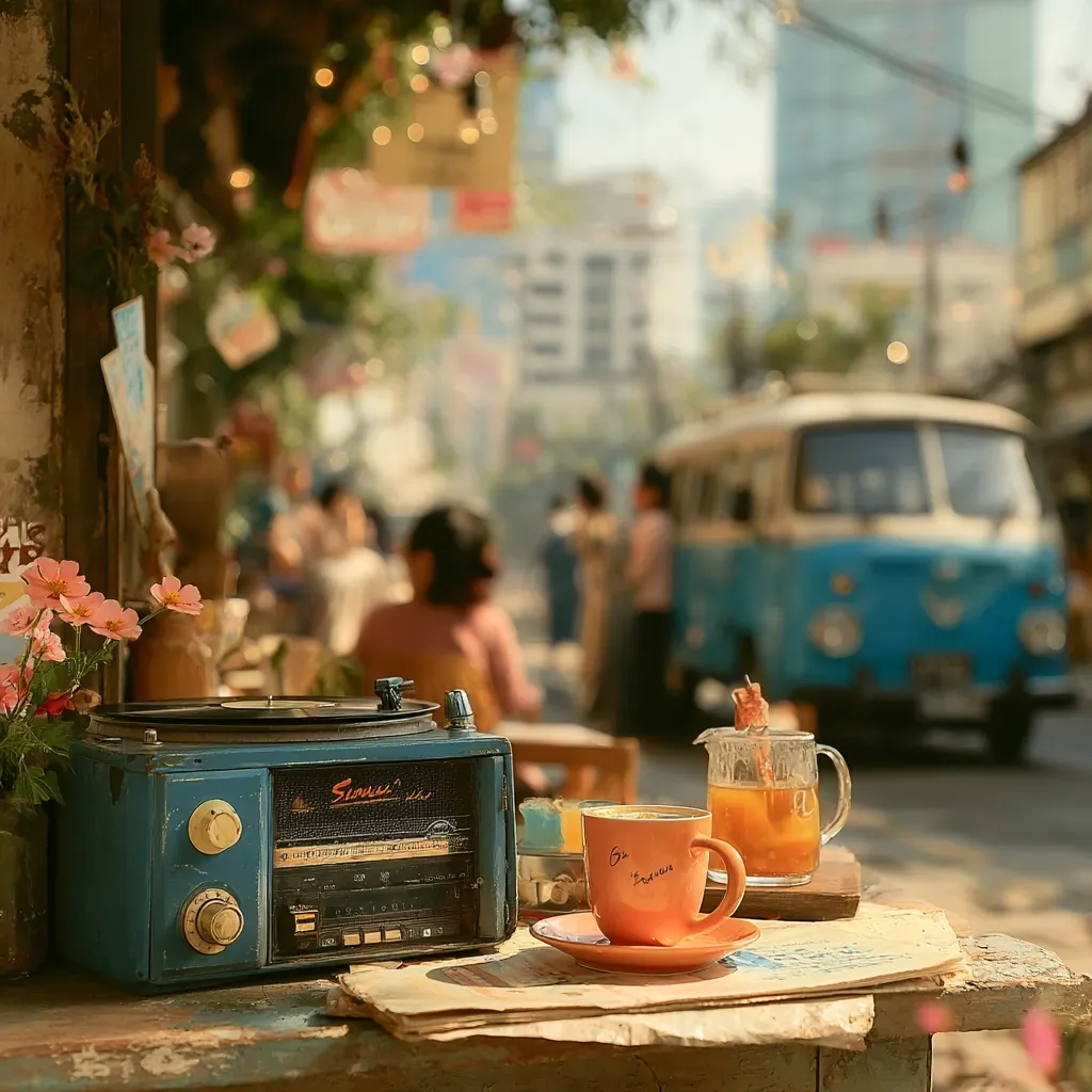 A vintage record player sits on a weathered table alongside a cup of coffee and a glass of juice.  A faded, teal van is blurred in the background, suggesting a bustling street scene.  Soft, warm lighting and a bouquet of flowers add a nostalgic, romantic ambiance to the outdoor café setting.  The overall image evokes a feeling of calm and old-world charm.