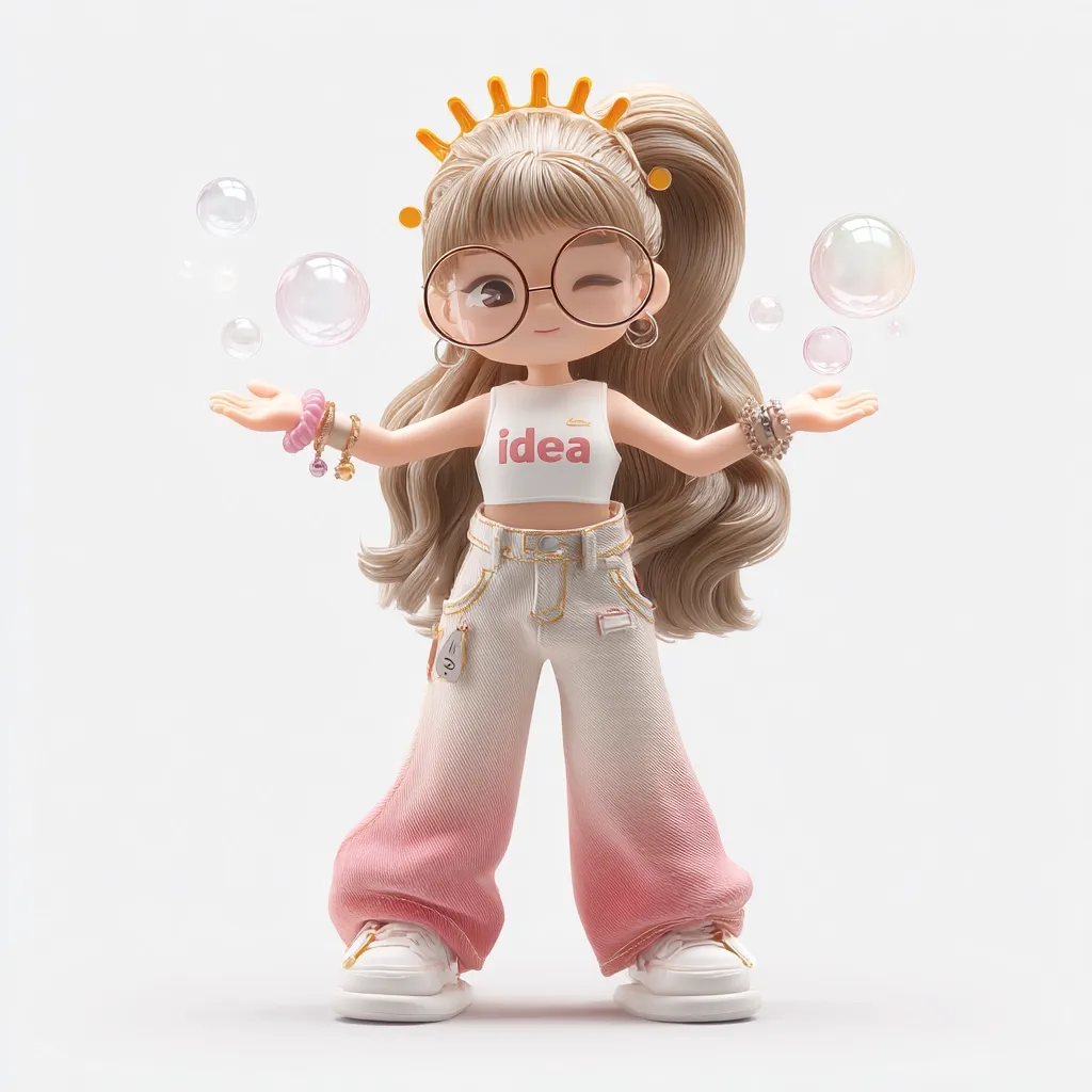 A cute 3D rendered girl doll with long brown hair, wearing a white crop top that says "idea," pink ombre pants, and round glasses, playfully holds out her hands amidst floating soap bubbles. She's adorned with a golden crown-like hair accessory and bracelets, presenting a whimsical and imaginative scene.  Her winking expression adds to her charming appeal.