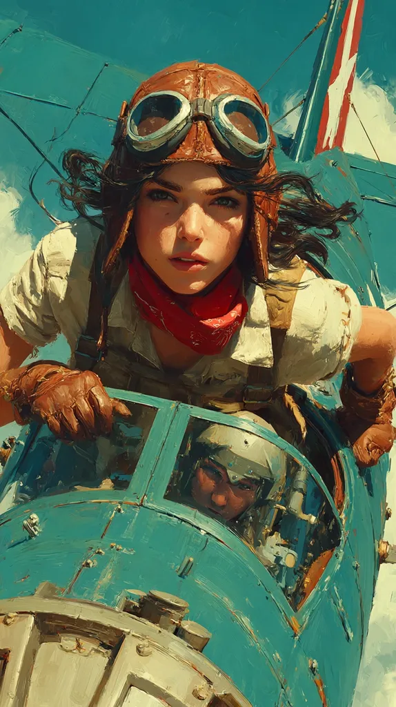 A young woman pilot, wearing a leather helmet and goggles, grips the controls of a vintage, teal biplane.  Her red bandana and determined expression convey bravery and focus.  The weathered plane suggests a journey filled with adventure.  A fellow pilot is visible in the cockpit below, adding to the scene's dynamic energy and sense of shared experience.  The bright sky hints at a sunny, daring flight.