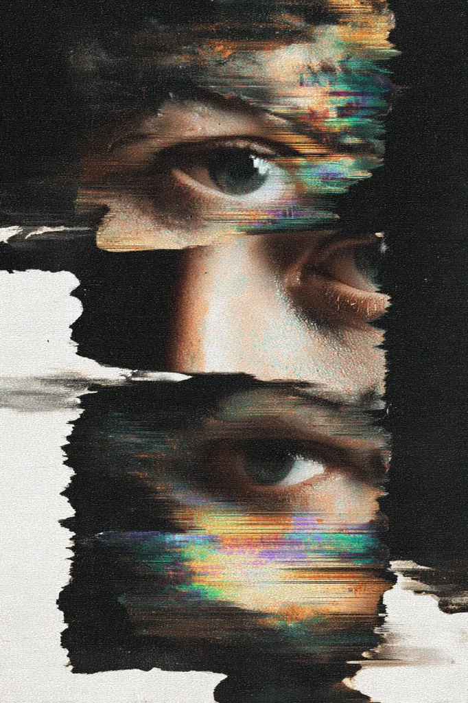 A stylized portrait, possibly digital art, features three fragmented eyes layered vertically.  Each eye is partially obscured by a glitch effect, creating a sense of distortion and mystery.  The background is a textured, off-white canvas with dark, brush-stroke like elements around the fragmented faces.  Vibrant, iridescent streaks of color are visible within the glitch effect, adding to the surreal and artistic quality of the image.