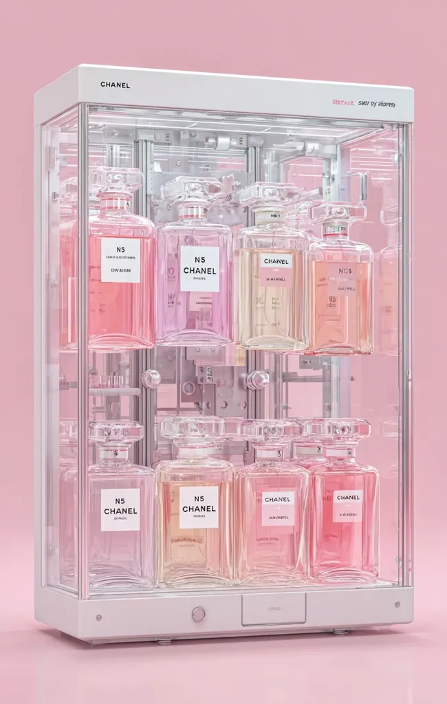 A minimalist, transparent display case showcases a collection of Chanel No. 5 perfumes in varying shades of pink.  The case, sleek and modern, is set against a matching pink backdrop.  Multiple bottles of the iconic fragrance are neatly arranged in two rows, highlighting the brand's elegant aesthetic. The display suggests a high-end, luxurious presentation of the perfume line.