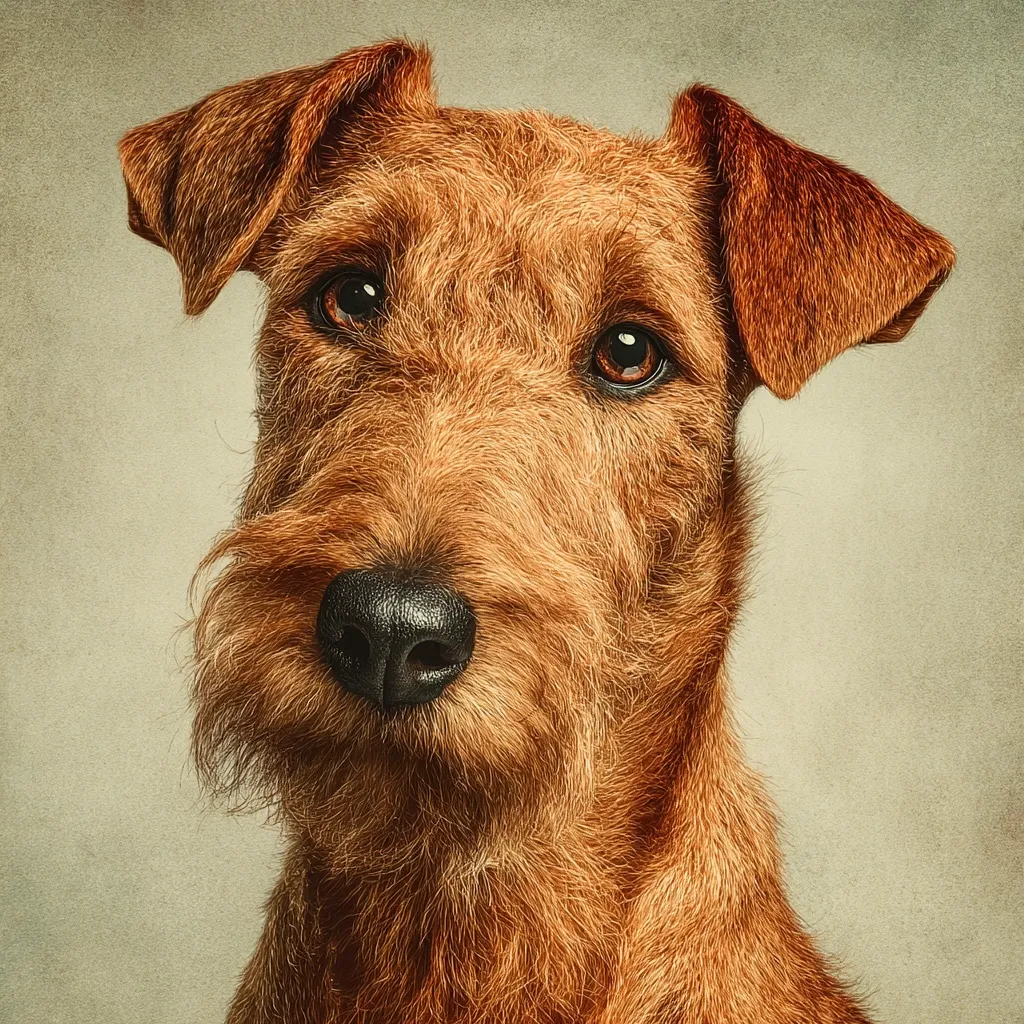 A close-up portrait of a richly colored Irish Terrier.  Its thick, wiry fur is a deep reddish-brown, framing expressive brown eyes and a dark, prominent nose. The dog's ears are slightly folded, and it gazes directly at the viewer with an attentive expression. The background is a muted, textured beige, drawing focus to the dog's captivating features. The image evokes a sense of warmth and canine loyalty.