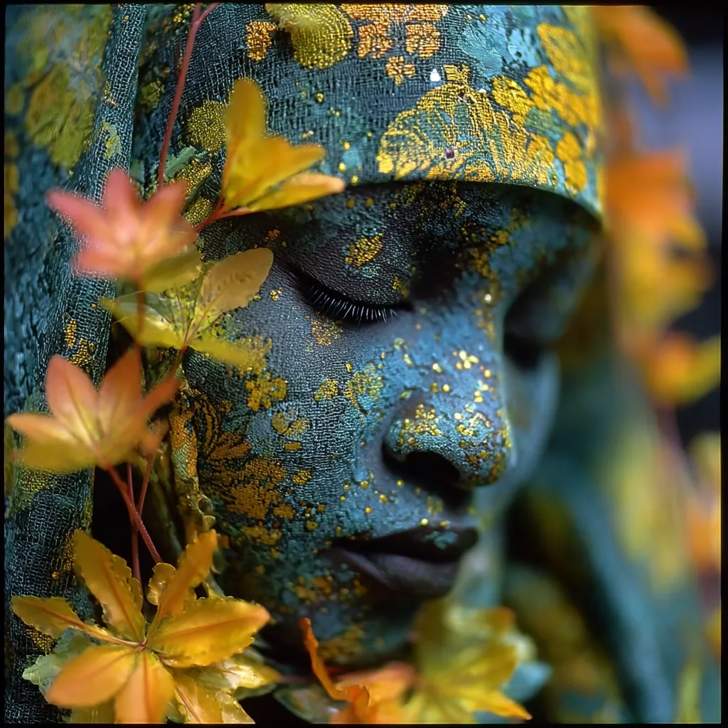 A close-up shot reveals a person's face adorned with teal and gold paint, mimicking a floral pattern.  Their eyes are closed, conveying serenity.  The face is partially veiled by a teal fabric with gold floral embroidery, and vibrant orange-yellow leaves frame the image.  The overall effect is one of mystical beauty and a harmonious blend of nature and artistry.