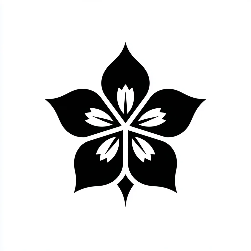 The image shows a stylized black and white floral design.  A five-petaled flower is depicted, with each petal featuring smaller, inner floral details. The style is geometric and bold, reminiscent of a simplified, almost heraldic representation of a blossom.  The stark contrast between black and white creates a strong visual impact.