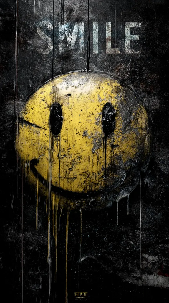 A distressed, decaying smiley face is the focal point, painted onto a dark, textured background.  The word "SMILE" is stenciled above it, adding to the unsettling contrast.  The paint drips down the face, enhancing the overall sense of grunge and decay.  The image evokes a feeling of unease and dark humor, possibly hinting at hidden meanings or a disturbing narrative.