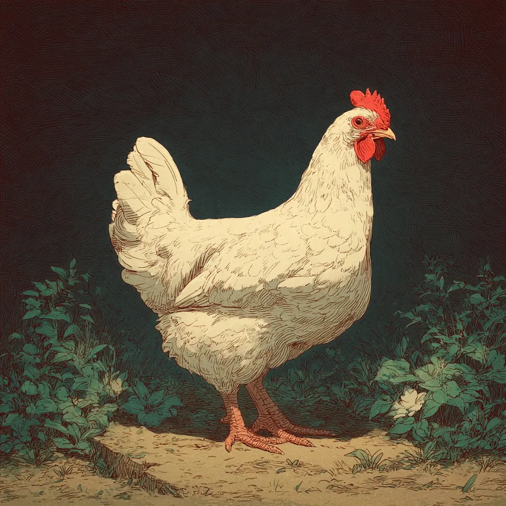 A detailed illustration depicts a white hen standing on a small rock amidst lush green foliage. The hen, rendered with fine lines and shading, showcases its plumage and vibrant red comb. The background is a deep, dark tone, providing a stark contrast to the hen's bright white feathers and the surrounding greenery. The style suggests a vintage or antique print.