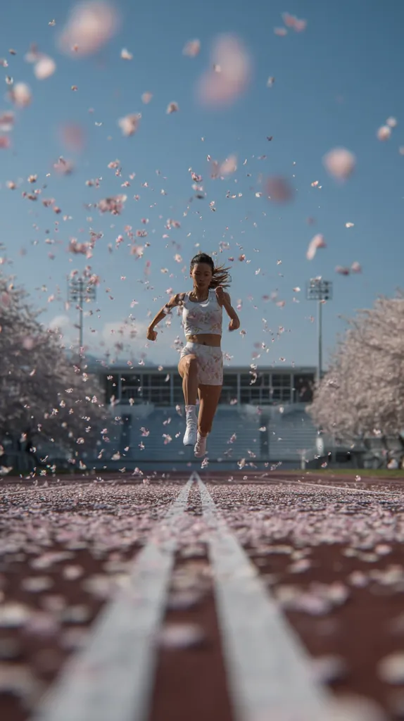 A female athlete in a floral-print sports bra and shorts leaps across a running track. Pink petals fall around her, creating a visually stunning effect against the clear blue sky.  The background features a stadium and blossoming trees, suggesting a springtime setting.  The image captures a moment of athleticism and natural beauty.