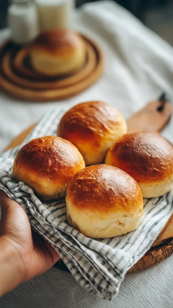 Four golden-brown rolls, freshly baked, rest on a striped kitchen towel.  They sit atop a wooden board, with a blurred background showing additional rolls and milk.  A hand gently holds the towel, showcasing the warm, inviting aroma of homemade bread. The scene is rustic and comforting, highlighting the simple pleasures of freshly baked goods.