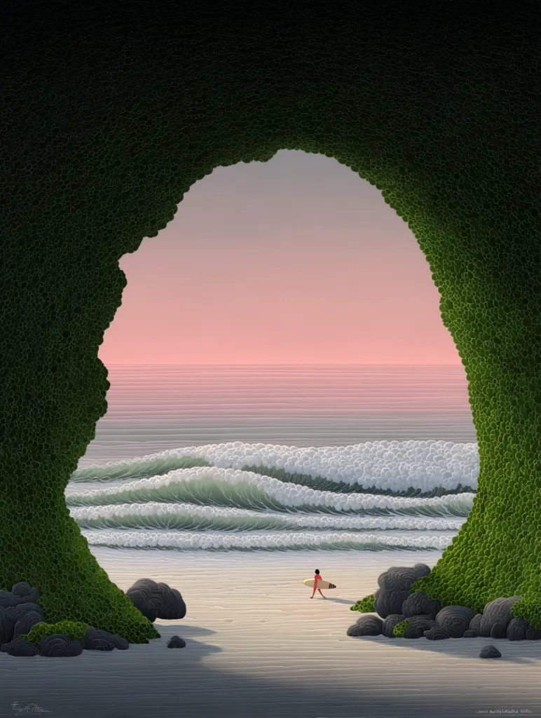A serene coastal scene is framed by a natural rock arch covered in vibrant green moss.  Through the arch, a tranquil beach unfolds under a soft pink sunset sky. Gentle waves roll towards the shore, where a lone surfer walks, surfboard in hand. The overall style is minimalist and evocative of peace and solitude.