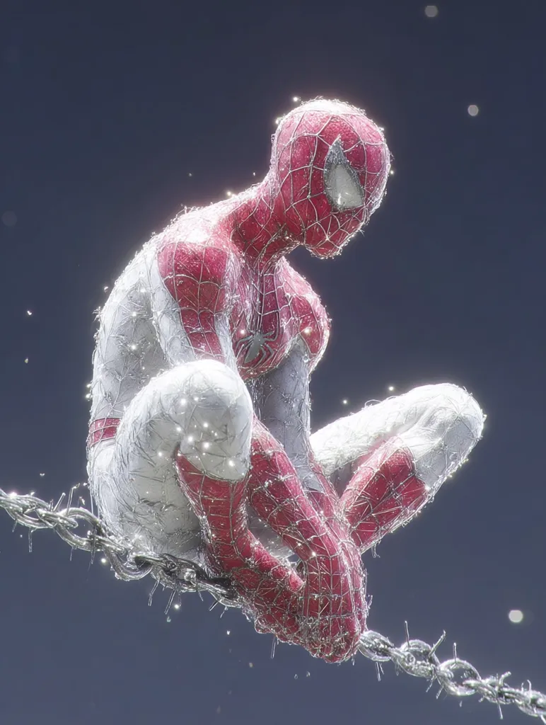 A stylized 3D rendering depicts Spider-Man in a crouched position, seemingly clinging to a barbed wire chain against a dark blue backdrop.  His suit is a unique blend of red and white, with a wire-like texture adding a futuristic or ethereal quality.  Glowing particles surround him, enhancing the mystical atmosphere.  The overall aesthetic is artistic and slightly melancholic.