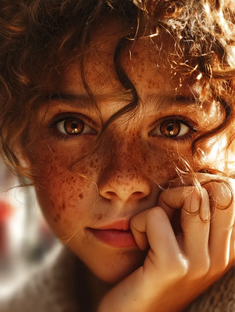 Close-up portrait of a young girl with curly reddish-brown hair and numerous freckles across her face.  Her brown eyes are captivating, and she rests her chin on her hand, creating a pensive and intimate mood.  The warm lighting accentuates her features and the texture of her skin and hair.