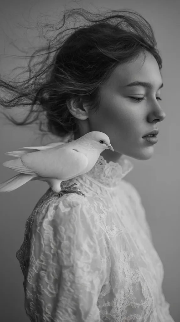 A black and white portrait of a young woman with windblown hair. She wears a delicate, lacy blouse. A white dove rests gently on her shoulder, its presence adding a serene and ethereal quality to the image.  The overall mood is peaceful and contemplative, emphasizing the woman's soft features and the bird's delicate form. The monochromatic palette enhances the image's soft, dreamlike atmosphere.
