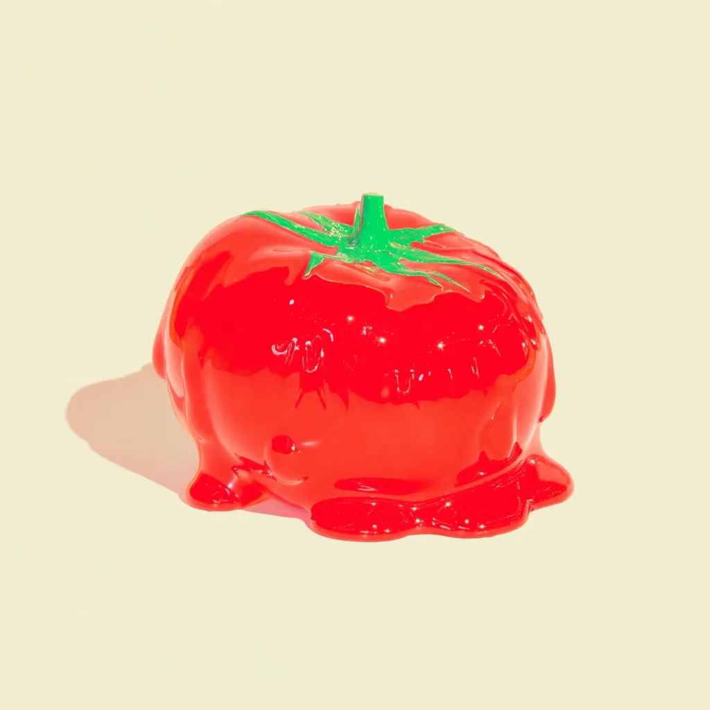 A vibrant red, glossy sculpture of a tomato is depicted, seemingly melting or dripping.  The tomato's green stem is distinctly visible.  The bright color contrasts with the pale yellow background, creating a striking visual effect. The image suggests a playful or surreal take on a common food item.