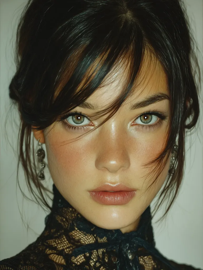 Close-up portrait of a young woman with dark hair styled in a loose updo, featuring side-swept bangs framing her face.  She has striking green eyes, subtly flushed cheeks, and wears delicate earrings.  Her expression is serious and captivating. She is dressed in a dark, lacy top. The overall aesthetic is moody and elegant.