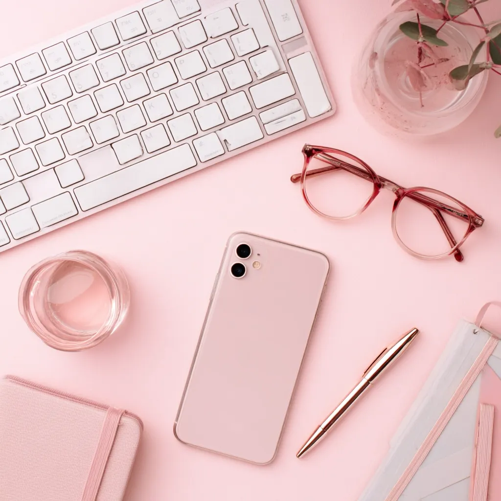 A flat lay showcasing a minimalist pink aesthetic workspace.  A rose gold smartphone rests centrally, surrounded by a wireless keyboard, glasses, a rose gold pen, a glass of water, notebooks, and a vase of eucalyptus. The overall tone is calm and organized, suggesting a productive and stylish workspace.  The pale pink background enhances the delicate color palette.
