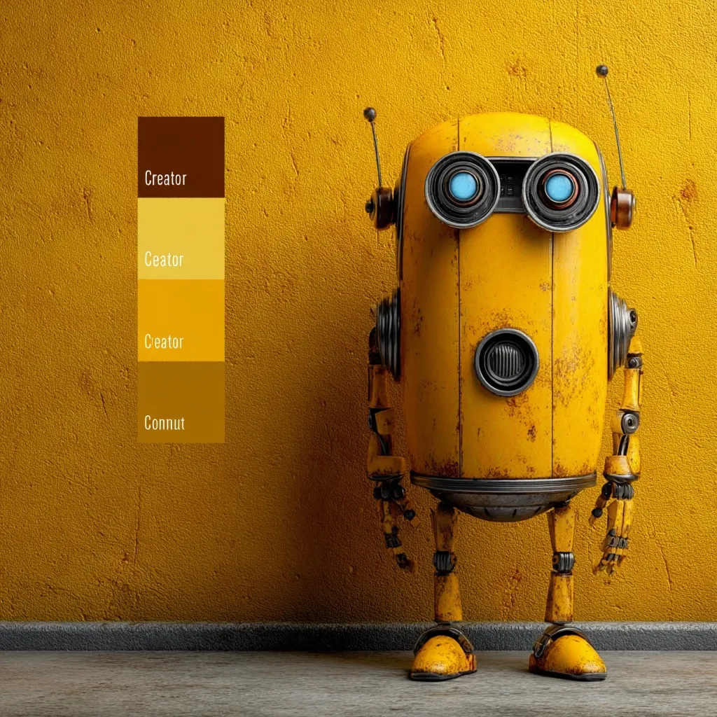 A rusty yellow robot stands against a matching yellow wall.  Its design is retro-futuristic, with visible rivets and aged paint. The robot has small, round blue eyes and short, stubby arms and legs. A color palette is displayed to the left, featuring shades of yellow and brown, possibly representing the robot's color scheme. The scene is simple and evocative of vintage science fiction.
