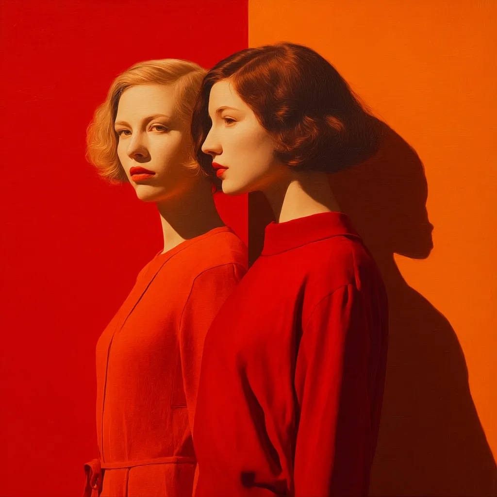 Two women, dressed in vibrant red dresses, stand side-by-side against a backdrop of contrasting red and orange.  Their short, styled hair and red lipstick add to the striking visual.  The painting's bold color palette and the women's poised posture create a sense of sophisticated elegance and mystery.  A shadow cast on the orange wall adds depth to the composition.
