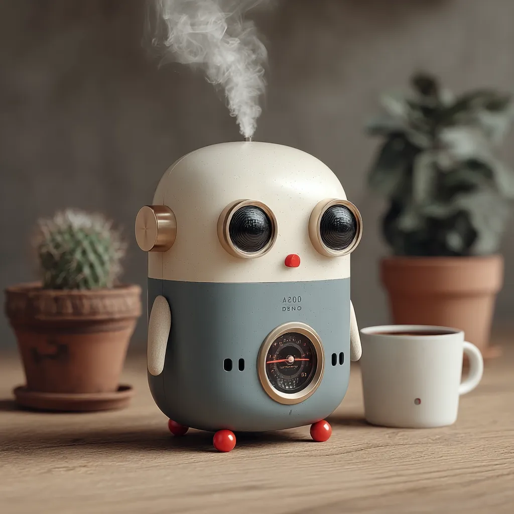 A cute robot-shaped humidifier emits steam.  Its design features a cream-colored head, grey body, gold accents, and large expressive eyes.  It sits on a wooden table next to a small potted cactus and a cup of coffee, creating a cozy and aesthetically pleasing scene. The robot's simplistic design conveys a sense of calm and functionality.