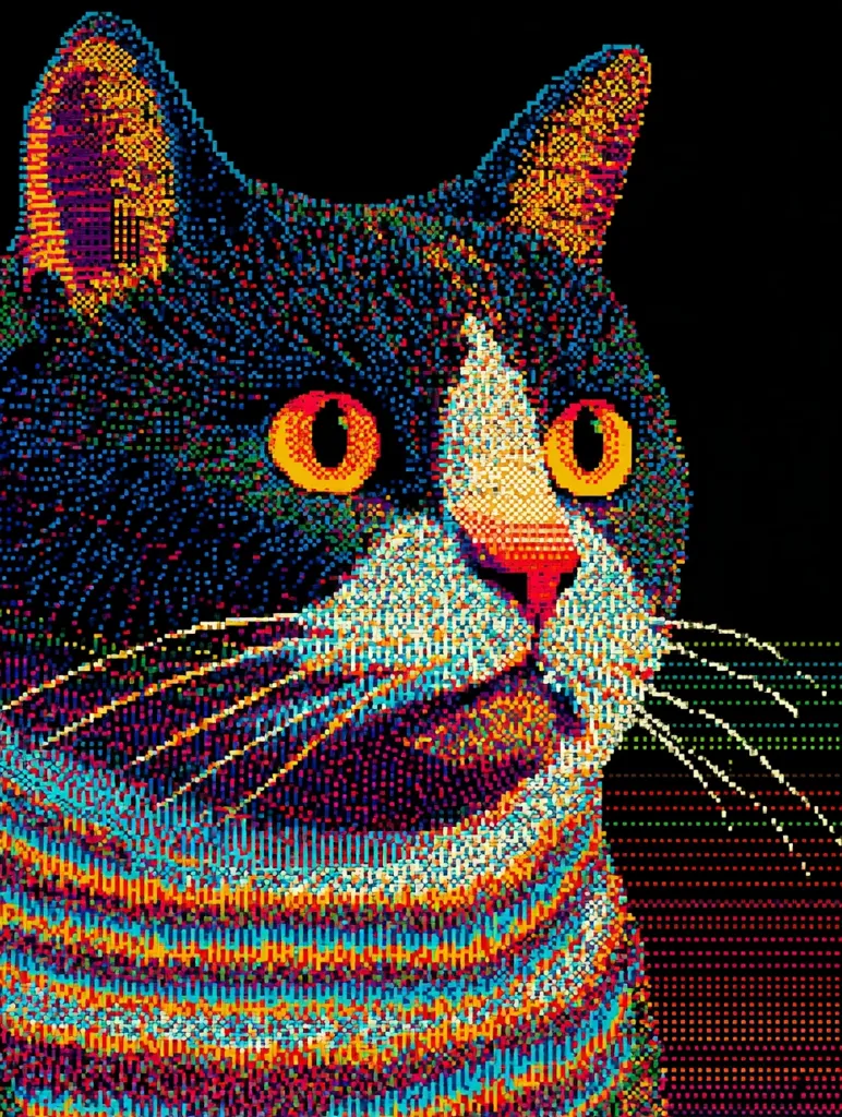 A vibrant, pixelated portrait of a tuxedo cat.  The cat's fur is rendered in a kaleidoscope of bright, multicolored pixels against a black background. Its large, round eyes are a striking orange, and its expression is one of quiet contemplation. The image is highly stylized, showcasing a digital art style with a retro feel.  The cat's whiskers extend outward, adding to its expressive gaze.