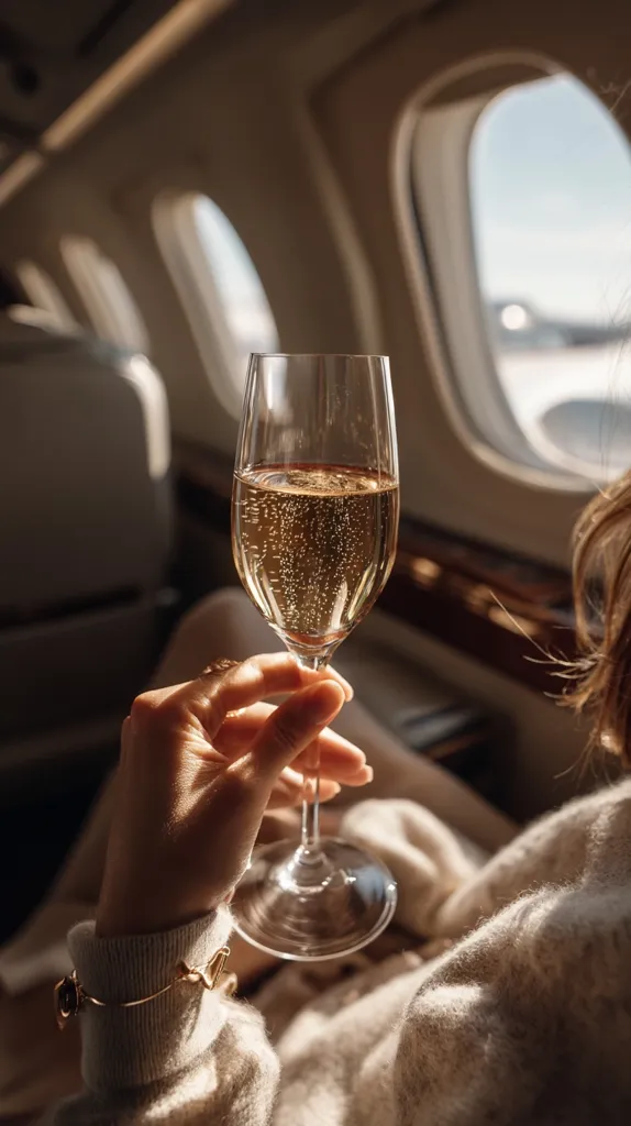 A woman's hand holds a champagne flute filled with sparkling wine.  She's seated in a luxurious private jet, sunlight illuminating the cabin through oval windows.  The image evokes a sense of opulence and travel, emphasizing the calm and refined atmosphere.  She wears a cozy, light-colored sweater and delicate gold jewelry.
