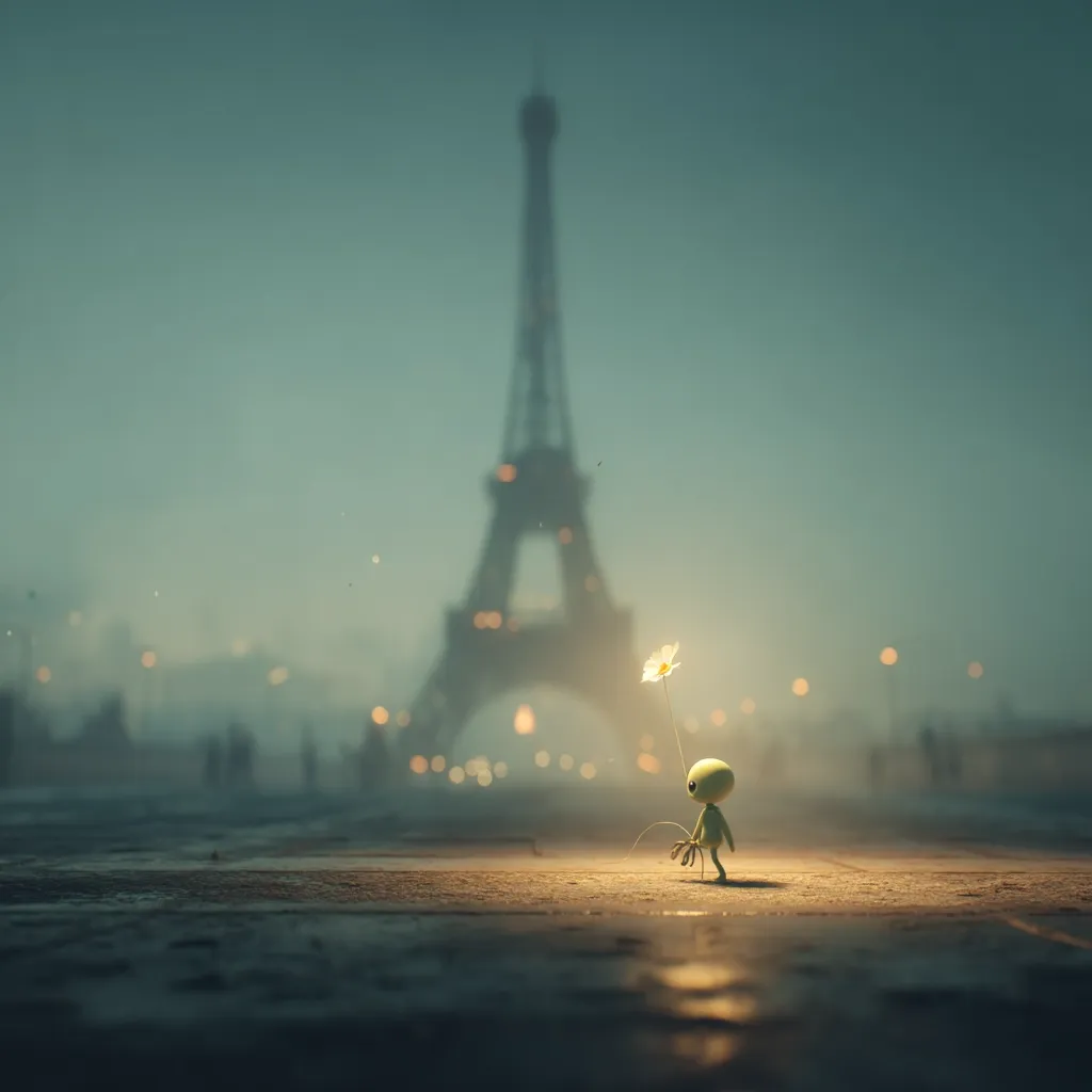A small, stylized green creature holds a glowing flower, standing before a softly lit Eiffel Tower in the distance.  The scene is hazy and dreamlike, evoking a sense of quiet solitude and wonder. The creature's diminutive size against the imposing backdrop of the Parisian landmark creates a striking contrast.  The overall mood is peaceful and slightly melancholic.