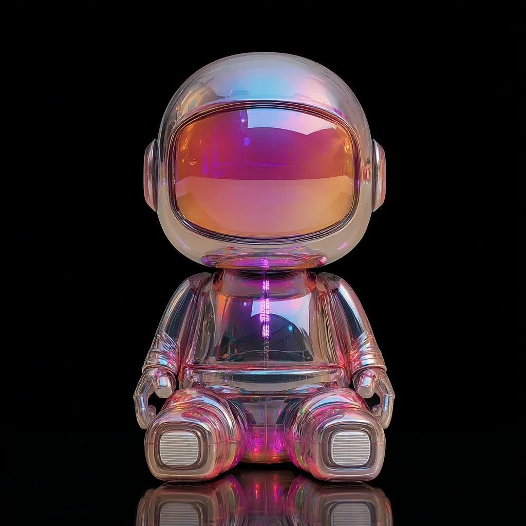 A chrome astronaut figurine sits against a black background.  Its helmet is iridescent, reflecting pink and orange hues. The body is similarly reflective, with subtle internal lighting visible. The figure is seated with its hands resting on its legs, a charmingly stylized depiction of an astronaut. The overall aesthetic is futuristic and sleek, with a vibrant color palette.