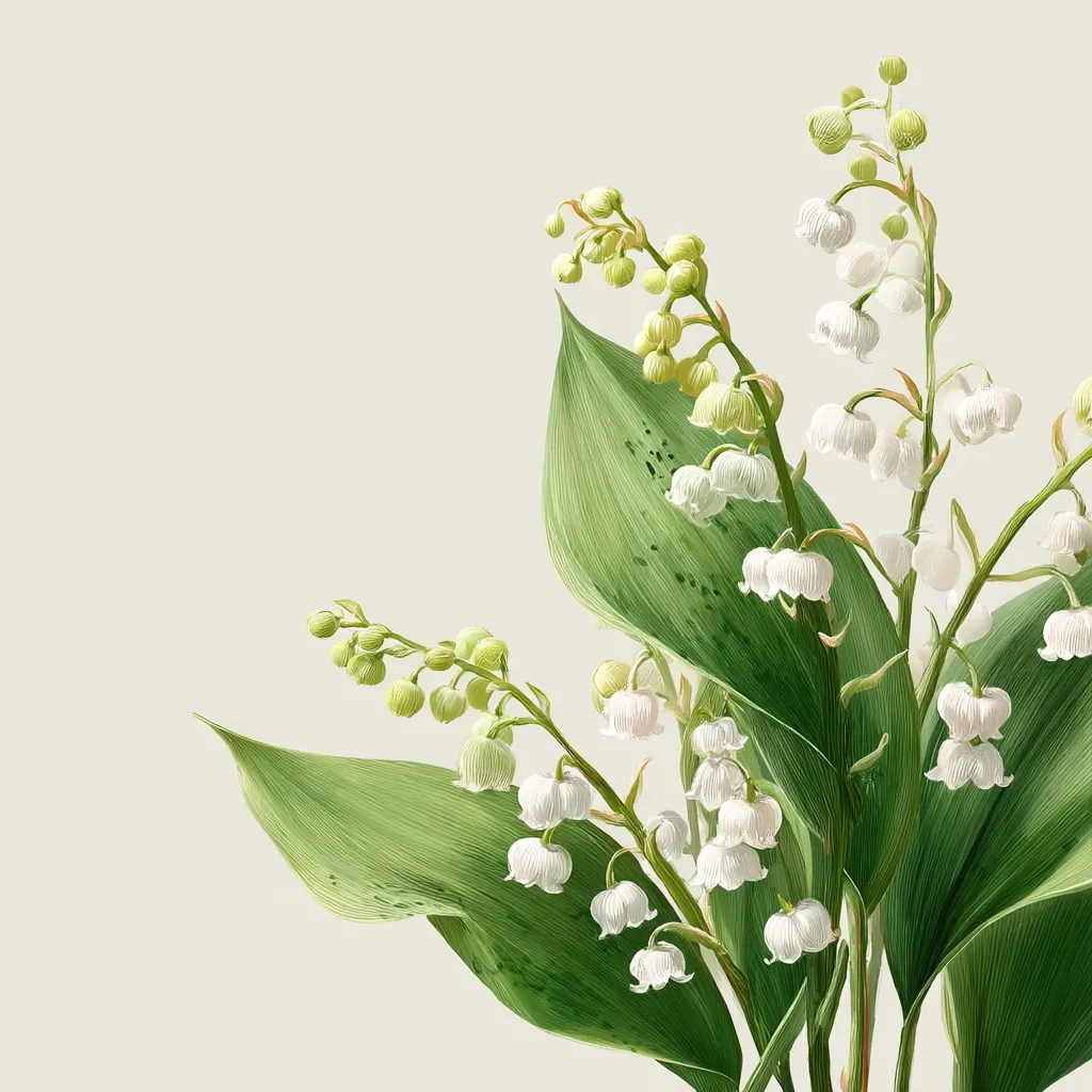 A botanical illustration showcases a delicate cluster of lily of the valley blossoms.  The image features several stems of the flowers, their small, bell-shaped white blooms nestled amongst vibrant green leaves. The artwork is rendered in a style reminiscent of vintage botanical prints, with meticulous detail in the flowers and foliage. The light background emphasizes the beauty of the lily of the valley.