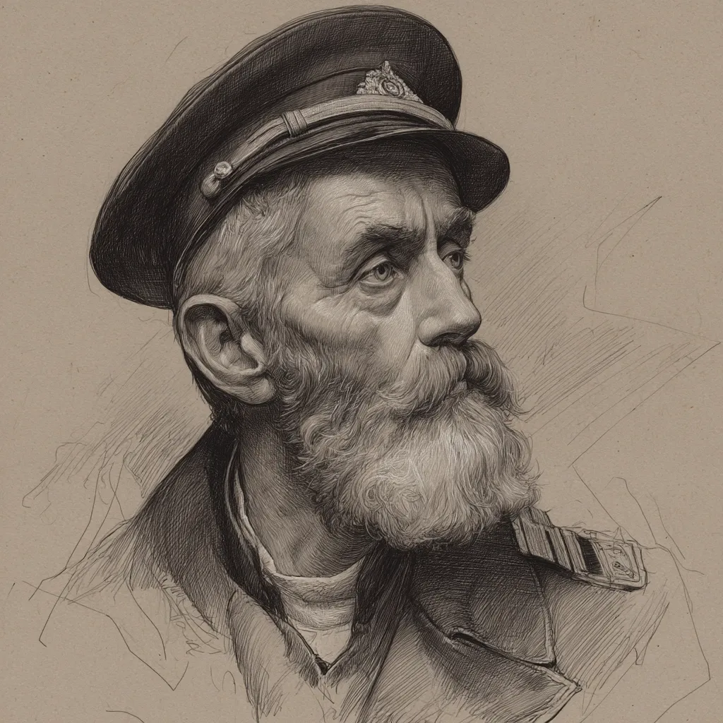 A detailed pencil sketch portrays an elderly man, his face etched with age and experience.  He wears a dark, peaked naval cap with a visible insignia, and a thick, well-groomed beard frames his weathered features. His gaze is directed to his right, suggesting contemplation or a distant memory. The artist's skillful shading creates a realistic texture to his clothing and facial hair.  The background is a muted sepia tone, focusing attention on the subject's strong presence.