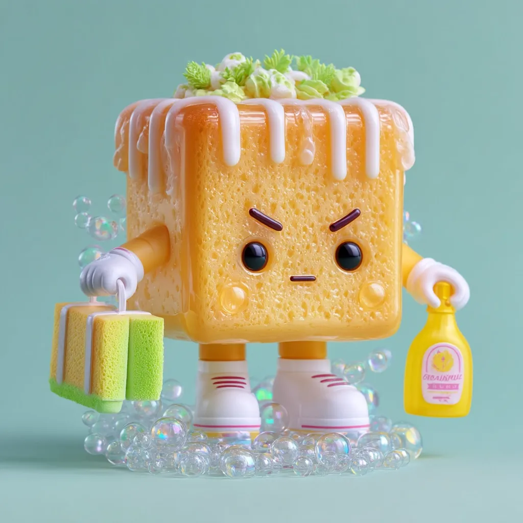A 3D-rendered illustration depicts a grumpy, cube-shaped cake character.  The cake, topped with frosting, wears shoes and gloves. It carries a sponge suitcase and holds a bottle of cleaning solution, suggesting a cleaning chore. Surrounded by soap bubbles, its expression conveys annoyance or frustration. The overall style is cute and playful, with a slightly surreal touch.