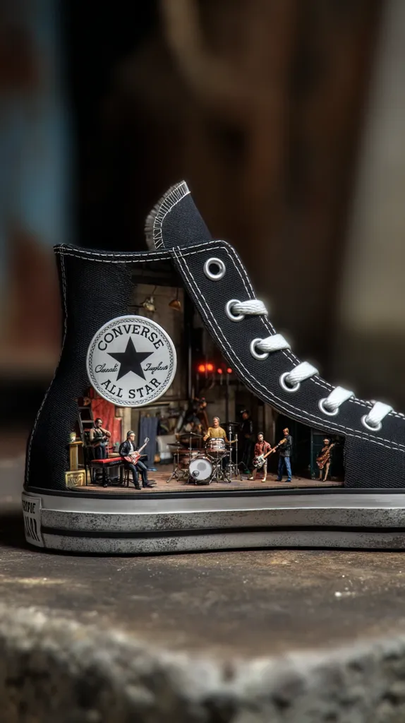A black Converse All Star high-top shoe is meticulously crafted to reveal a miniature music scene within its interior.  The shoe's laces are neatly tied, and the sole shows signs of wear.  Inside, a band performs on a small stage, complete with instruments and a drummer.  The detail is remarkable, creating a unique and artistic representation.