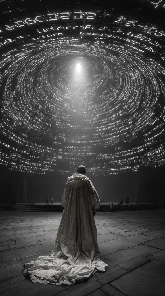 A lone figure, cloaked in a long, flowing robe, stands before a swirling vortex of luminous code.  The code forms a tunnel leading to a bright light at its center.  The scene is monochromatic, emphasizing the stark contrast between the individual and the overwhelming digital landscape.  Small figures are visible in the background, adding to the sense of scale and isolation.