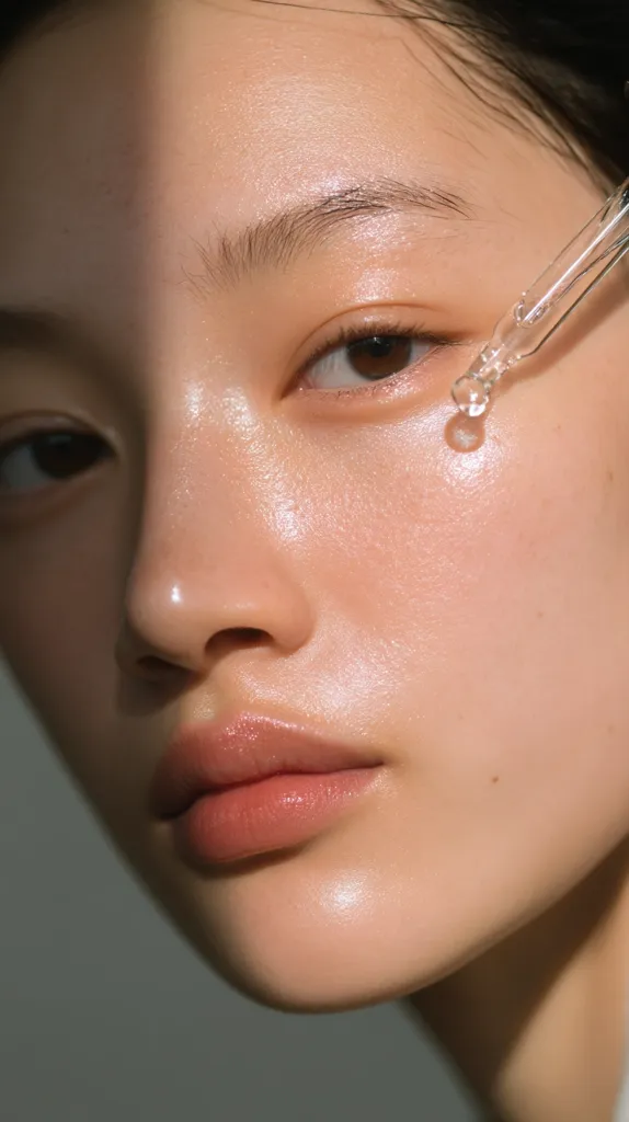 Close-up of a young woman's face, showcasing glowing, healthy skin.  A drop of clear serum is being applied near her eye using a glass dropper. Soft lighting accentuates her features, creating a radiant and natural look.  Her expression is calm and serene. The overall aesthetic is minimalist and beauty-focused.