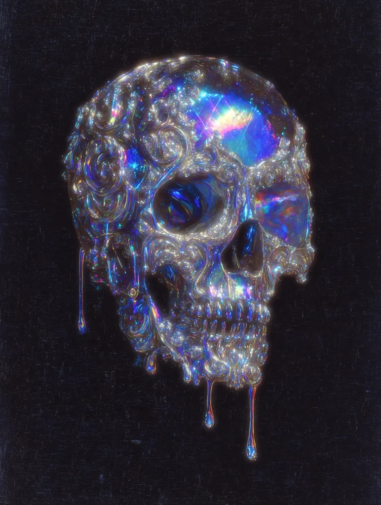 A digital artwork depicts a skull intricately adorned with iridescent, ornate detailing.  The skull's surface shimmers with holographic colors, and a viscous, glowing substance drips from its lower jaw.  The background is a dark, textured canvas, creating a stark contrast with the skull's vibrant, almost ethereal quality.  The overall aesthetic is a blend of gothic and futuristic styles.