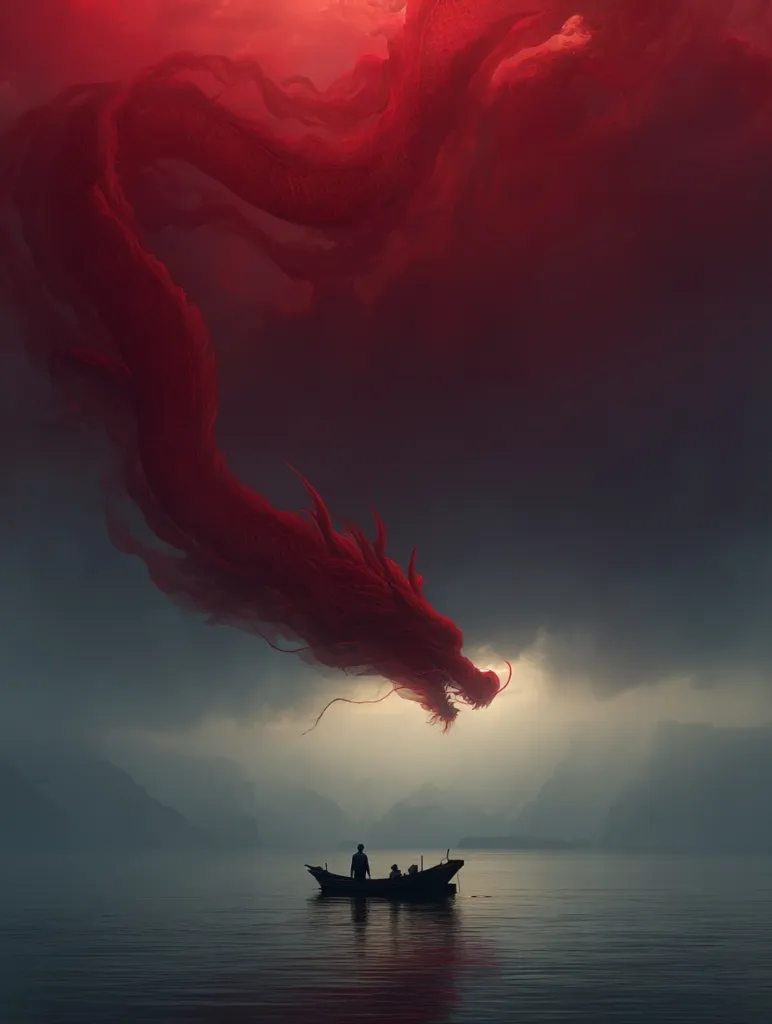 A colossal red dragon, rendered in swirling clouds, descends from the heavens.  Below, a small boat carrying three figures sits serenely on a calm, dark lake.  Misty mountains form a distant backdrop, contrasting the dramatic presence of the dragon overhead, creating a scene of awe and perhaps foreboding.  The color palette is predominantly dark, emphasizing the immense size and power of the mythical creature.