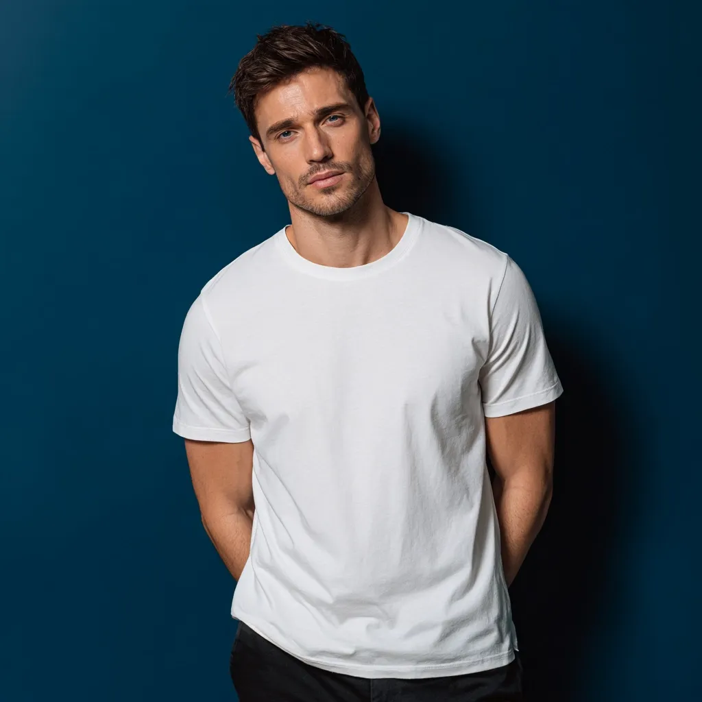 A young man with short brown hair stands against a dark blue background. He is wearing a plain white t-shirt and dark pants. His hands are in his pockets. He looks directly at the camera with a serious expression. The image is clean and simple, focusing on the model's appearance.