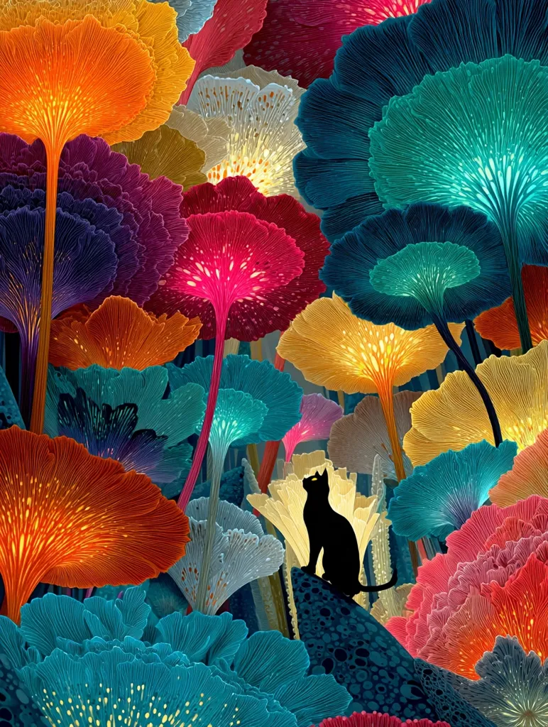A black cat sits serenely amidst a vibrant, surreal forest of luminous, colorful fungi.  The mushrooms boast intricate, radiating structures in a spectrum of hues, from fiery oranges and deep reds to cool teals and purples.  The cat's silhouette contrasts sharply against the fantastical flora, creating a captivating and dreamlike scene.  The overall effect is one of vibrant, otherworldly beauty.
