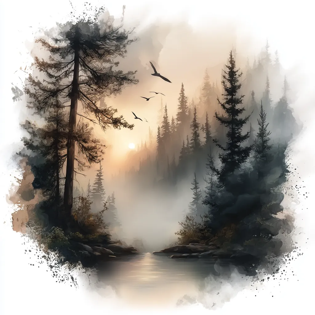 A serene watercolor painting depicts a misty forest scene at sunset.  Tall evergreens line a calm river, their silhouettes softened by the fog.  Three birds fly across a pale orange sky, adding a touch of movement to the tranquil landscape. The overall effect is one of peaceful solitude and natural beauty. The edges of the painting are softened with a watercolor wash, enhancing the dreamy atmosphere.