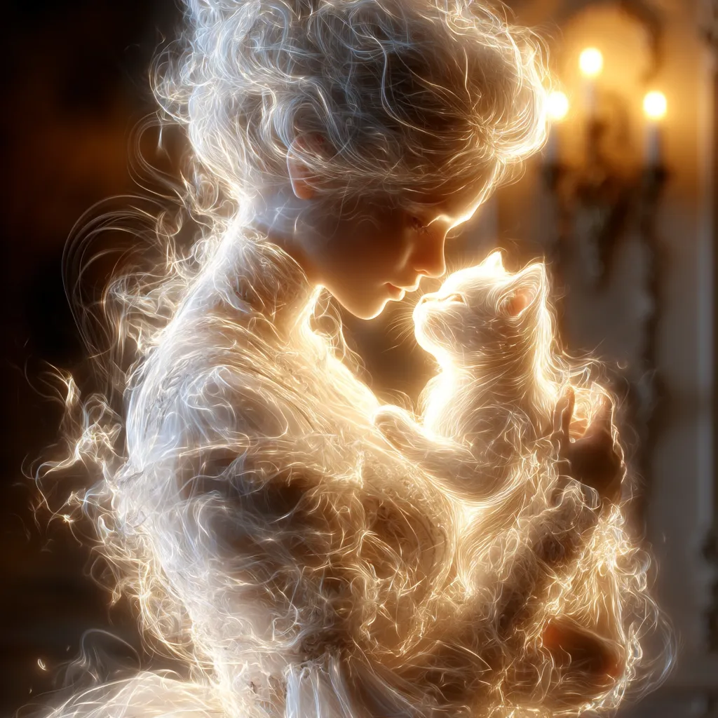 A young woman, rendered in luminous, ethereal strokes of light, cradles a small white kitten.  Their faces are close, suggesting a tender connection.  The overall effect is dreamlike and magical, with the figures seemingly composed of glowing energy against a softly blurred background featuring a dimly lit room.  The image evokes feelings of warmth, gentleness, and a mystical bond between the girl and her pet.
