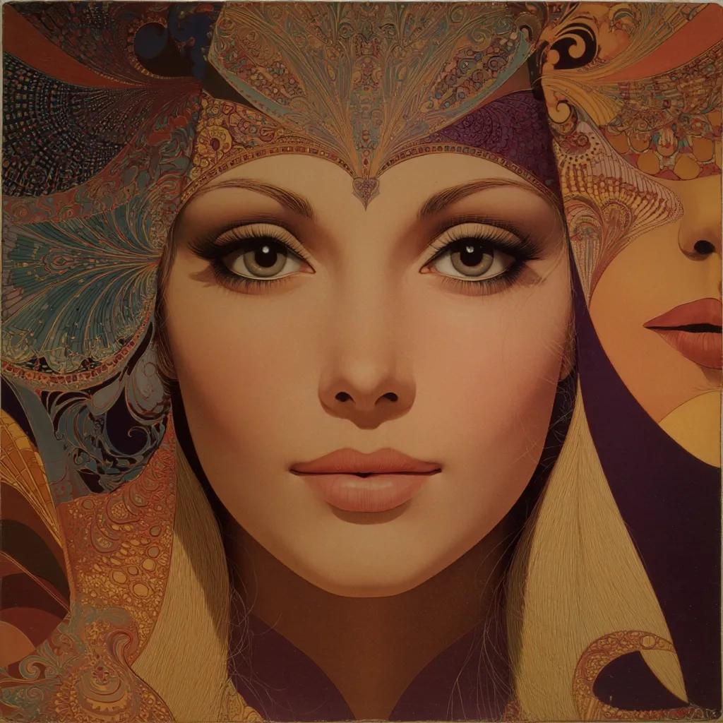 A stylized portrait of a woman's face, adorned with an ornate headdress featuring intricate, swirling patterns in teal, gold, and purple.  Her expression is serene and her features are delicately rendered.  Part of another face, wearing a similar mask, is visible in the upper right corner, creating a sense of duality or mystery.  The overall style is reminiscent of fantasy art or vintage illustration.