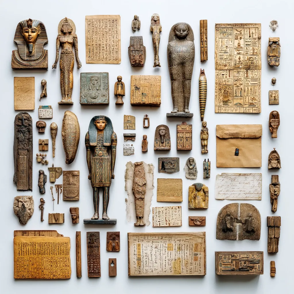 A curated collection of ancient Egyptian artifacts is arranged on a white background.  The display includes statues of gods and pharaohs, canopic jars, ushabti figures, papyrus scrolls with hieroglyphs, and various smaller objects like amulets and fragments. The items are meticulously organized, showcasing a diverse range of artistry and craftsmanship from ancient Egypt. The overall presentation suggests a scholarly or museum-like context.