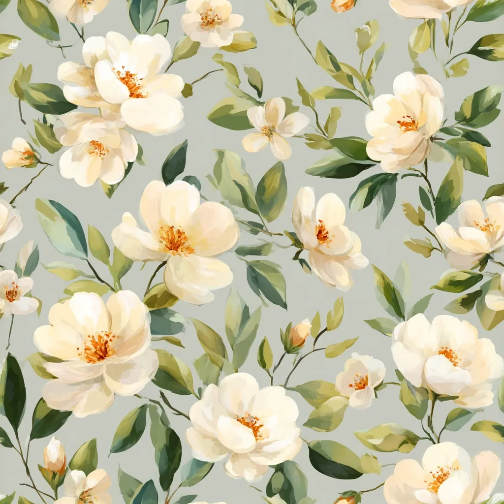 A seamless pattern showcases creamy white roses and buds, artfully painted on a muted sage green backdrop.  The flowers are depicted with soft brushstrokes, creating a romantic and slightly impressionistic effect.  Green leaves and stems weave around the blooms, forming a lush and densely packed floral arrangement. The overall style evokes a vintage, botanical feel.