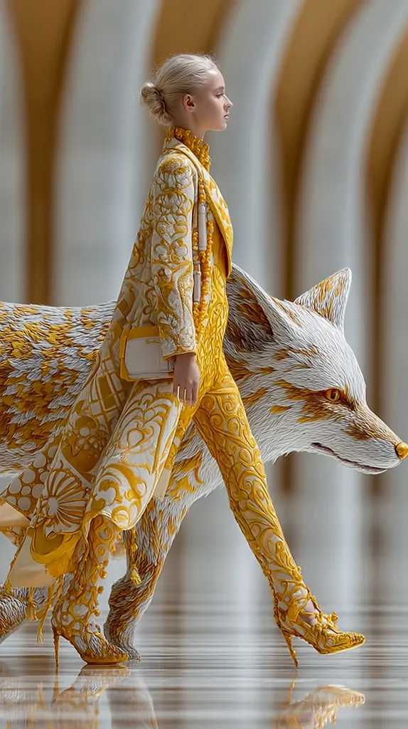 A blonde woman in a striking, ornate yellow and white ensemble walks down a gleaming hallway.  Her outfit is intricately designed, resembling a coat and pantsuit, and flows seamlessly into a stylized fox form. The fox's body is integrated with the woman's lower half, creating a surreal and artistic effect.  The overall aesthetic is elegant, luxurious, and fantastical.
