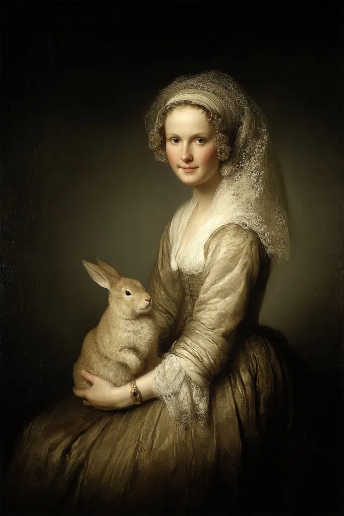 A young woman, adorned in a taupe gown and delicate lace head covering, sits serenely.  Her gentle gaze is directed slightly away from the viewer.  She cradles a light brown rabbit in her lap, her hands resting softly on its fur. The dark background accentuates the soft light on the woman and her pet, creating a quiet and intimate portrait.