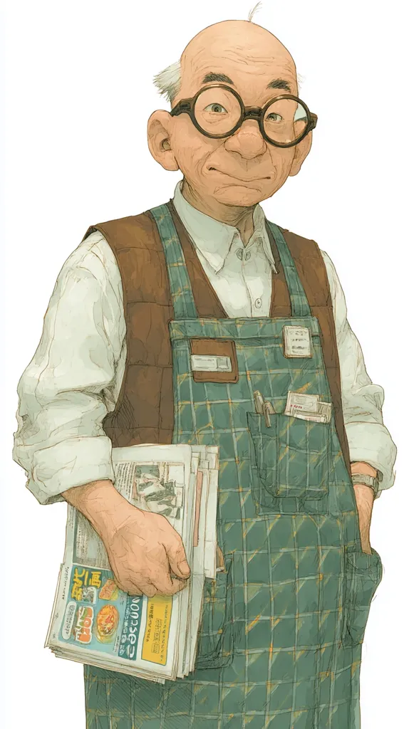A cheerful elderly man with round glasses and thinning grey hair is depicted. He's dressed in a light-colored long-sleeved shirt, a brown vest, and a green plaid apron.  He holds a stack of newspapers, one of which features bright, colorful advertisements. A name tag is visible on his apron, suggesting a professional role, possibly a news vendor or shopkeeper. His overall expression is pleasant and approachable.