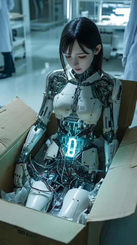 A female android, with a lifelike face and intricate mechanical body, sits inside a cardboard box.  Her internal wiring and components are partially visible, glowing with a teal light. The setting appears to be a sterile, technological environment. The robot's posture suggests a state of contemplation or deactivation.  The overall image evokes a sense of advanced robotics and a potential narrative about artificial intelligence.