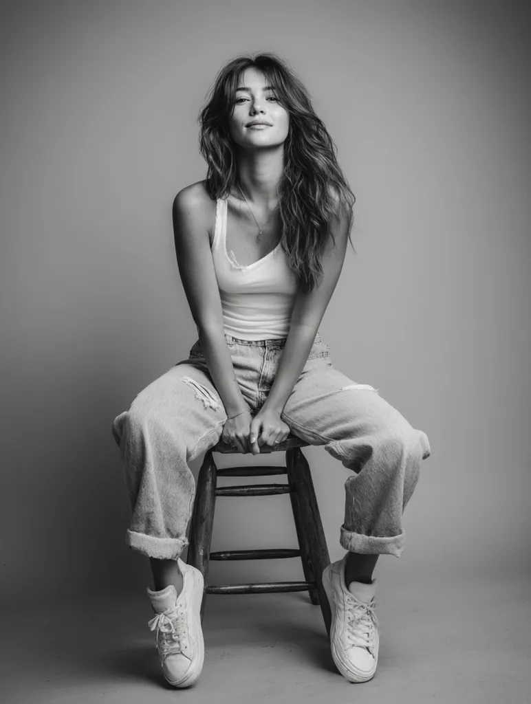 A young woman with long, wavy hair sits on a small wooden stool against a gray backdrop.  She's wearing a white tank top, distressed light wash jeans cuffed at the ankles, and white sneakers. Her pose is relaxed, hands clasped in her lap, and she gazes directly at the camera with a serene expression. The monochrome image emphasizes her casual yet stylish attire.