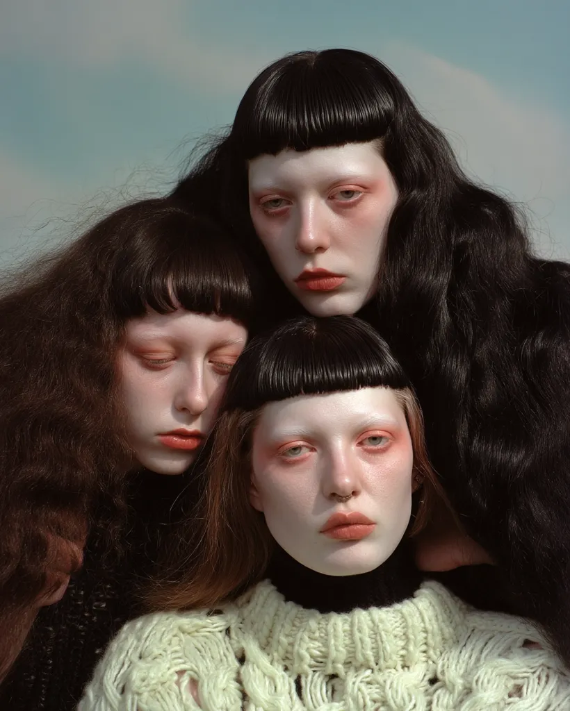 Three young women with dark hair and pale skin are closely huddled together.  They share similar blunt bangs and delicate makeup featuring peach blush. The central figure wears a chunky cream-colored knit sweater, while the others are partially obscured.  The image evokes a sense of intimacy and shared vulnerability against a muted sky backdrop.