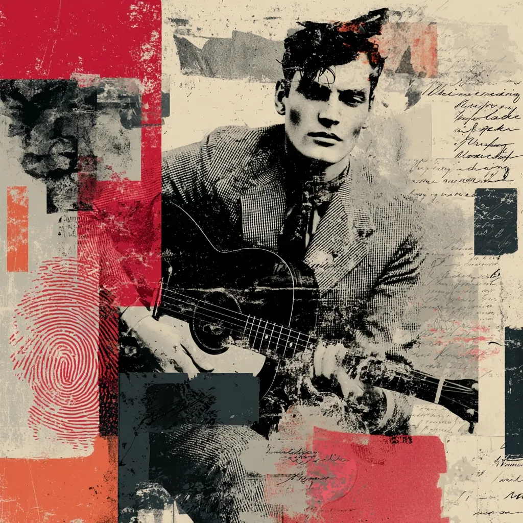 A stylized collage depicts a man playing an acoustic guitar.  The image is heavily textured with distressed effects, incorporating fragments of handwritten text, fingerprints, and abstract shapes in shades of red, grey, and beige.  The man is rendered in a monochrome style, contrasting with the vibrant background elements, creating a mood of mystery and nostalgia. The overall aesthetic is reminiscent of vintage posters or scrapbook art.